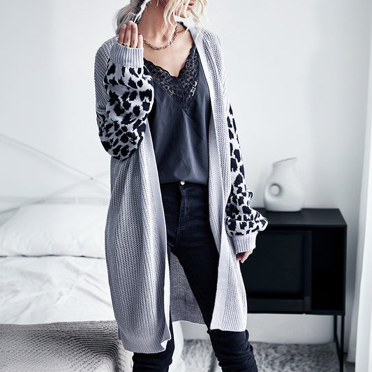 Womens Long Leopard-print Long-sleeve Sweater Coat