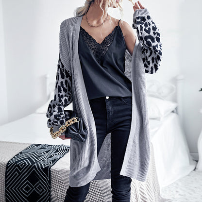 Womens Long Leopard-print Long-sleeve Sweater Coat