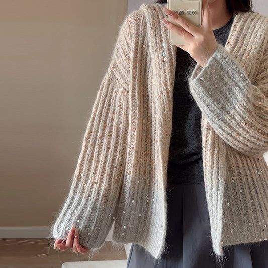 New FallWinter Womens Designer Gradient Sequin Hooded Jacket