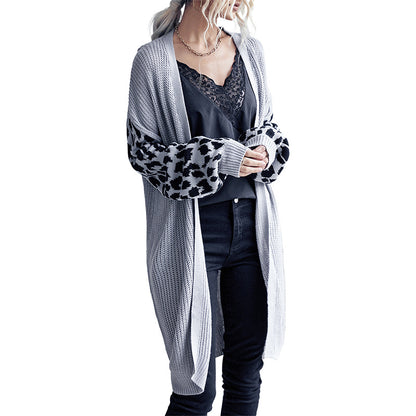 Womens Long Leopard-print Long-sleeve Sweater Coat